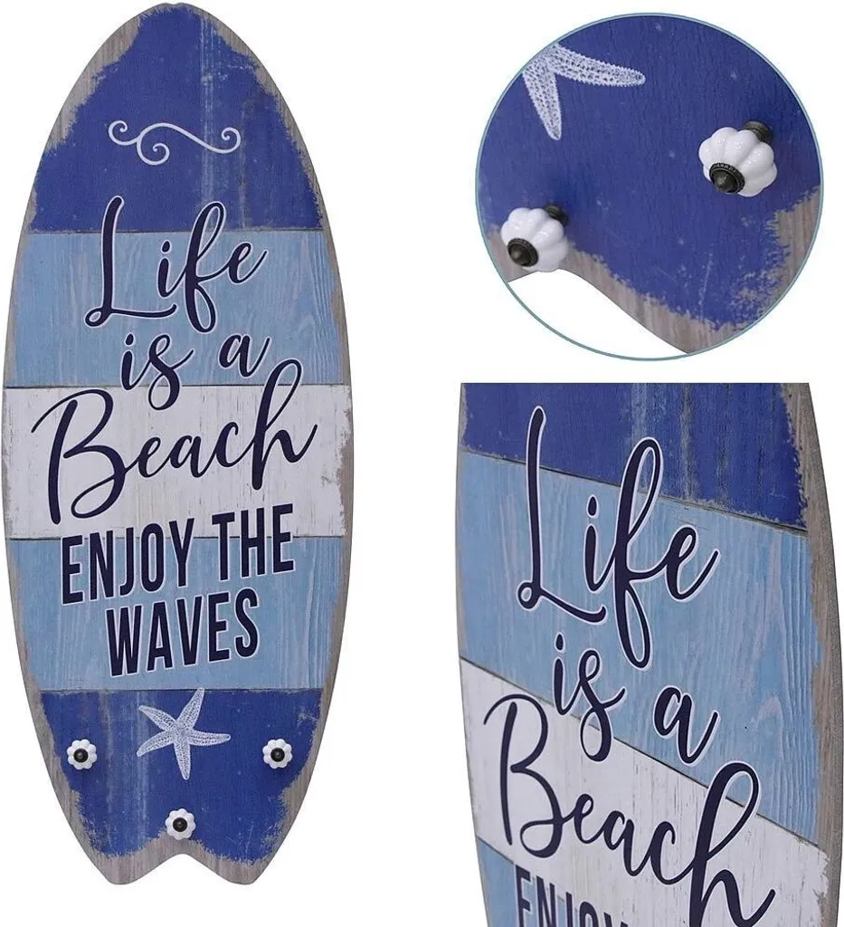 Tableau de surf mural bois 100 cm avec crochet patère Life Is A Beach