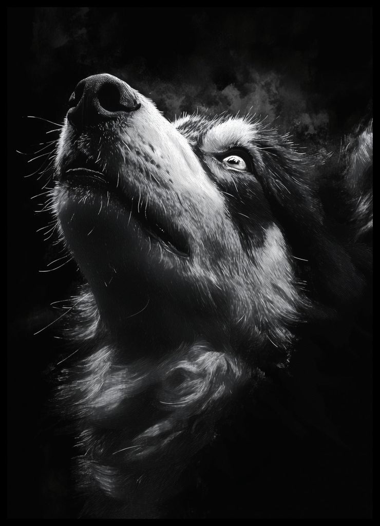 Poster 50x70cm Tierportrait für Wohnzimmer | Husky 2 | Schwarz Weiß