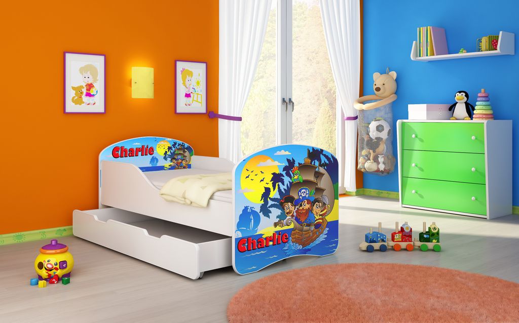 ACMA I Jugendbett Kinderbett Junior-Bett Komplett-Set mit Matratze Lattenrost Weiß 21 Piraten 160x80 + Bettkasten