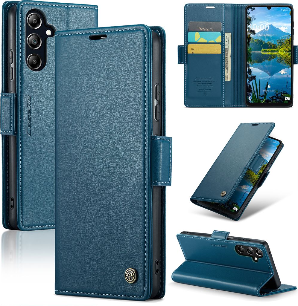 A collage of images showing a blue leather phone case for a Samsung Galaxy A16, with various angles and views, including card slots and a stand function.