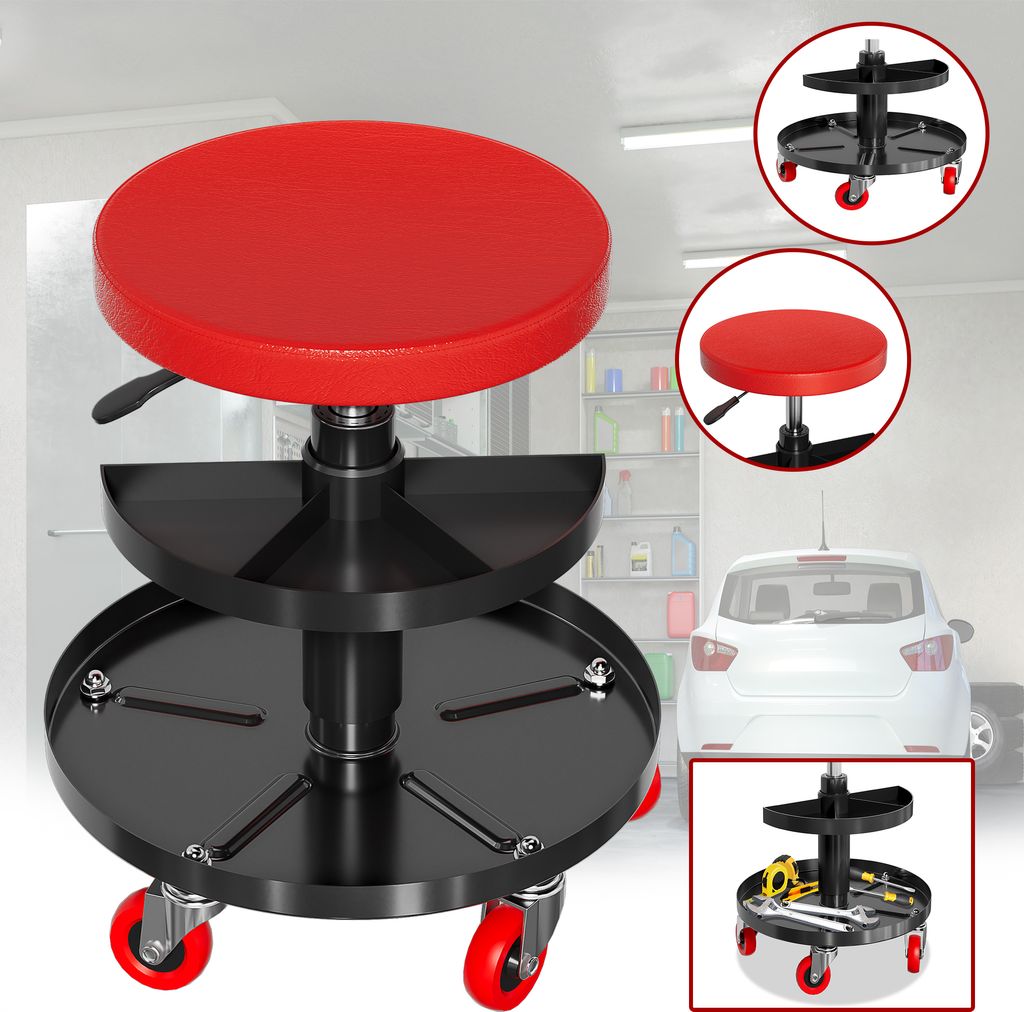 UISEBRT Höhenverstellbarer 41-51cm Werkstatthocker mit Rollen, Ergonomischer Werkstattstuhl mit 360° Rollen, 2 Werkzeugablagen für Werkzeuge bis...