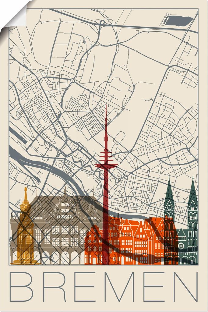 ARTland Poster Retro Karte Bremen Größe: 20x30 cm