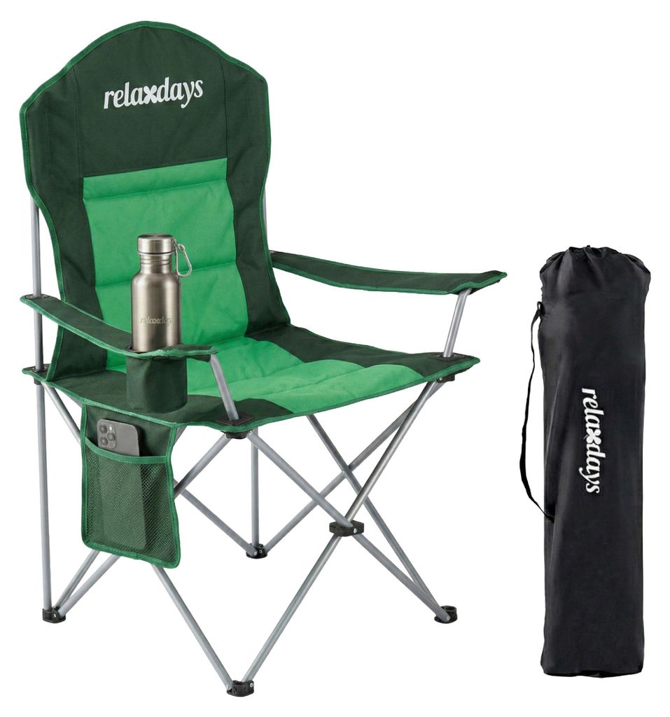 Relaxdays Camping Stuhl, faltbar, Tragetasche, Getränkehalter, 160 kg, Klappstuhl gepolstert, Polyester, Metall, grün