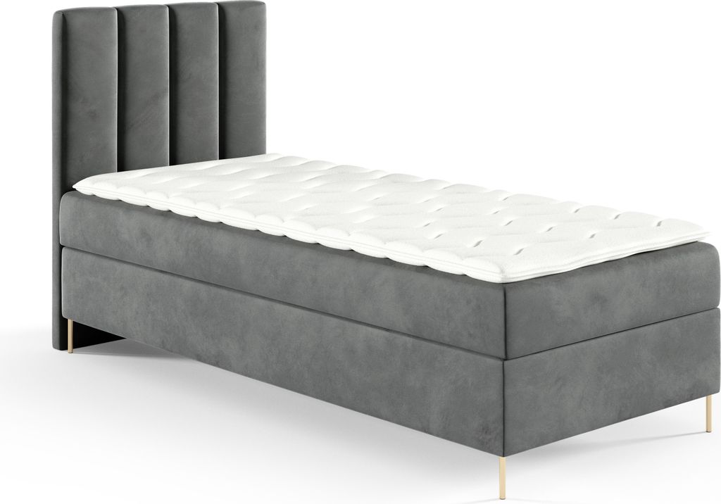 GUTTO Boxspringbett 100x200 cm Grau Velour Samt goldene Beine Ehebett Kinderbett Polsterbett aus Samt