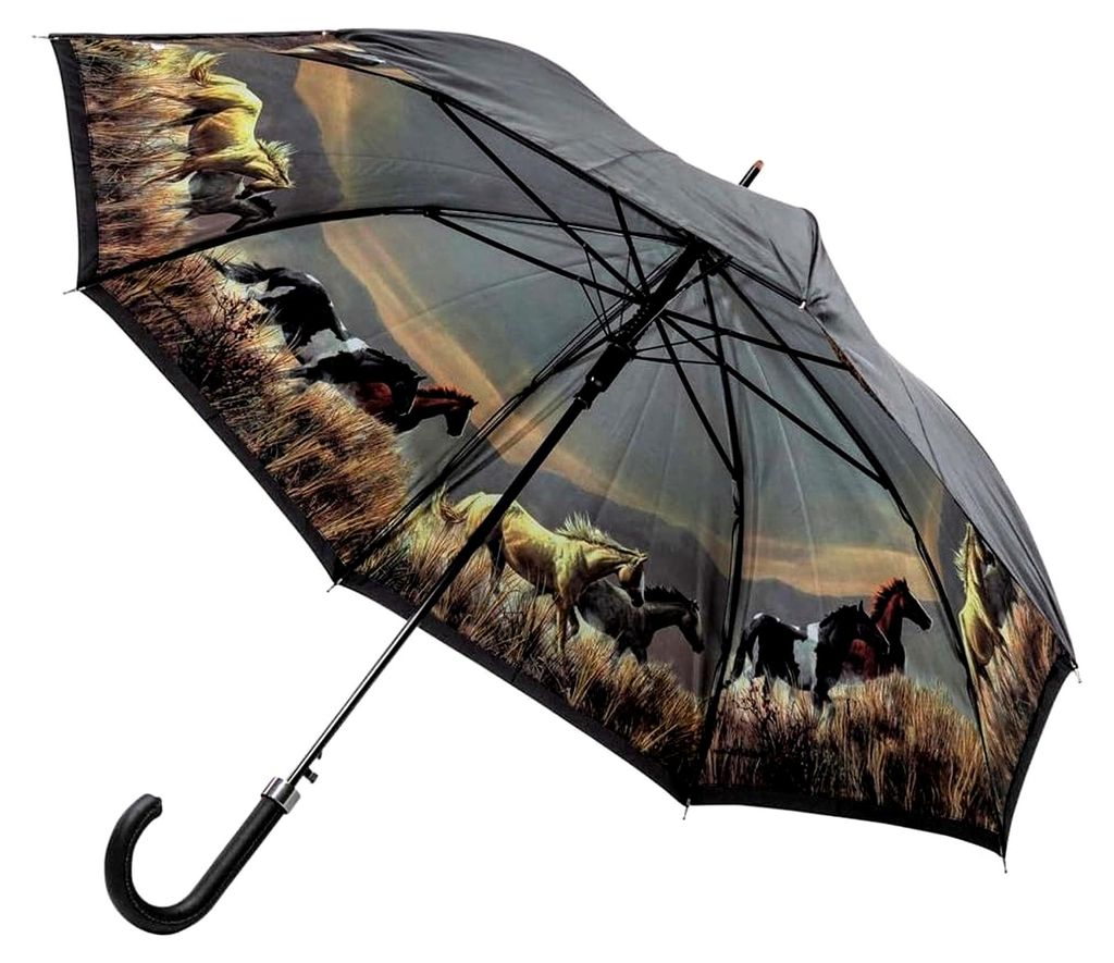 Regenschirm für Damen mit Pferdemotiv, Auf-Automatik, Doppeltes Material, großer und stabiler Stockschirm mit UV-Schutz