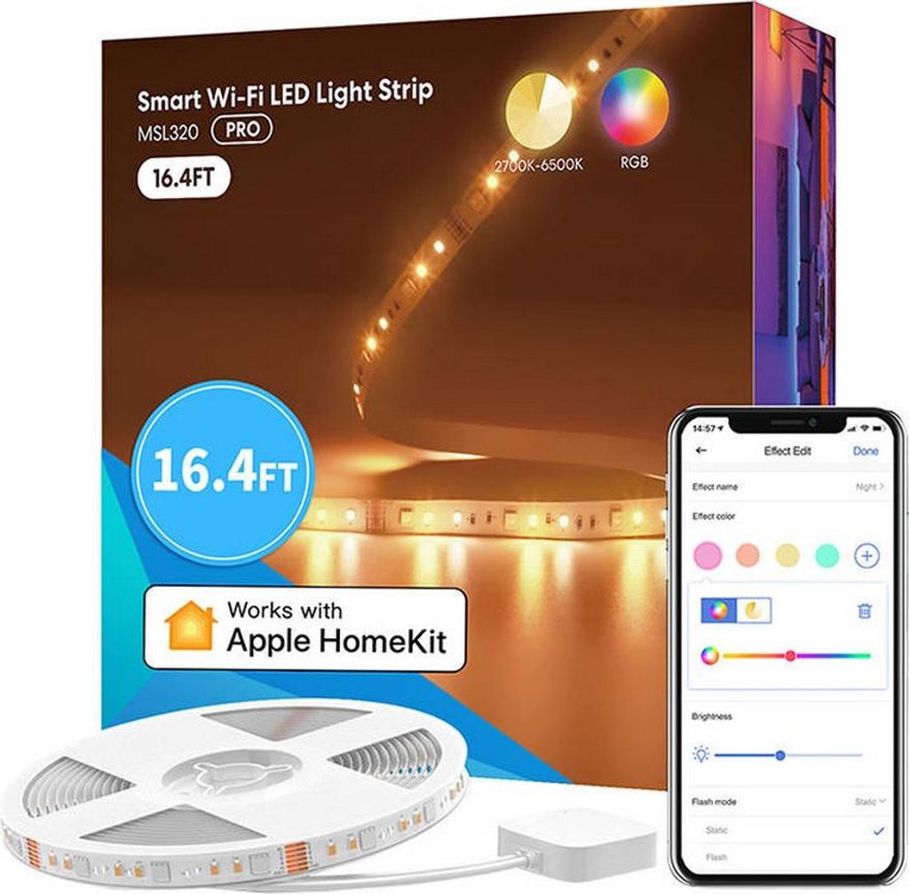 The image shows the packaging of a smart Wi-Fi LED light strip, along with a smartphone displaying the control app and a coiled light strip.