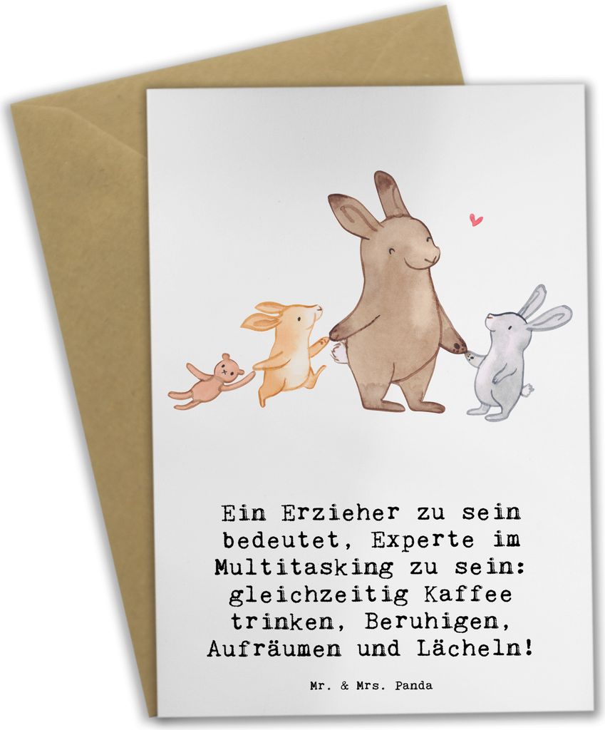 Mr. & Mrs. Panda Grußkarte Multitasking Erzieher - Weiß - Geschenk, Kinderbetreuung, Kreativität, osterkarten, neujahrskarte, Berufsliebe, Beruf...