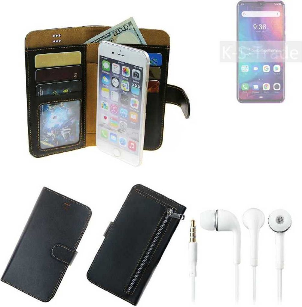 TOP SET Handy Hülle Schutz Hülle kompatibel mit Ulefone Note 7P schwarz aus Kunstleder + Kopfhörer Smartphone Tasche vollwertige Geldbörse