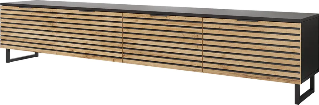 Grand Banc TV 200 cm Design Industriel Chêne et Noir avec 4 Placards