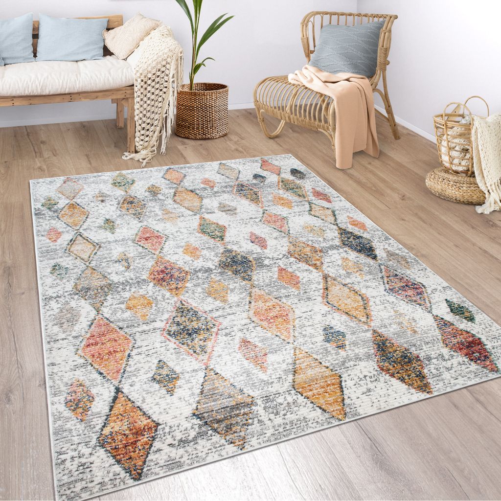 Teppich Wohnzimmer Boho Ethno Marokkanische Muster Moderner Kurzflor Mit Struktur In Bunt Beige Grösse 80x150 cm