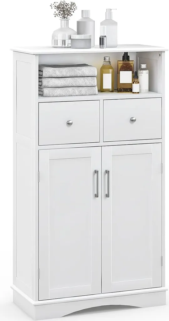 Meuble de rangement salle de bain blanc avec étagère réglable et tiroirs