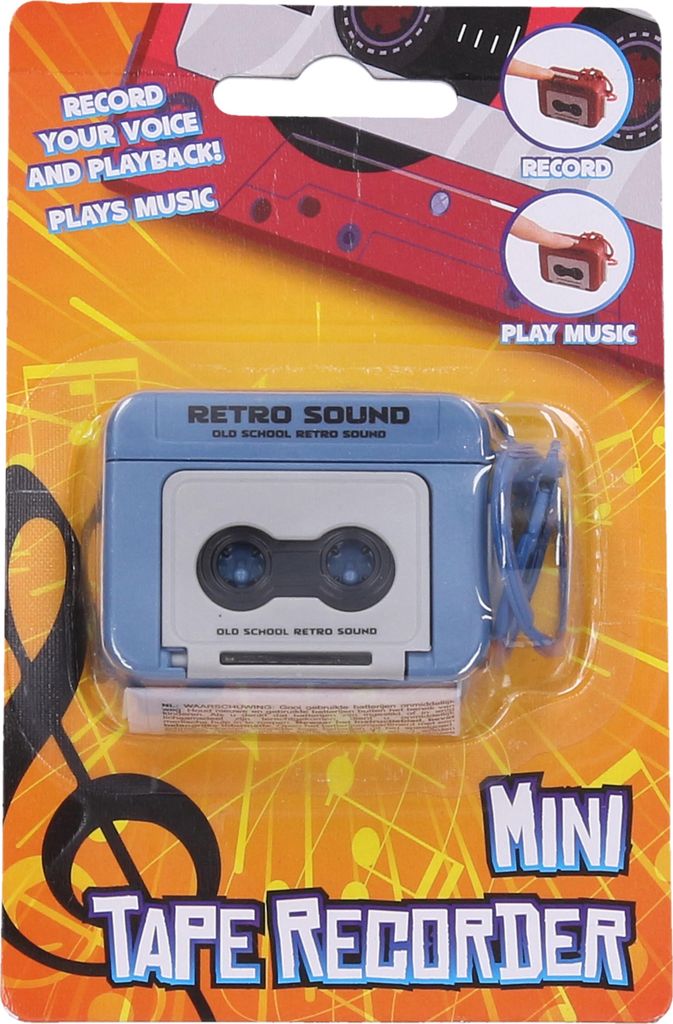 Product packaging for a mini tape recorder.