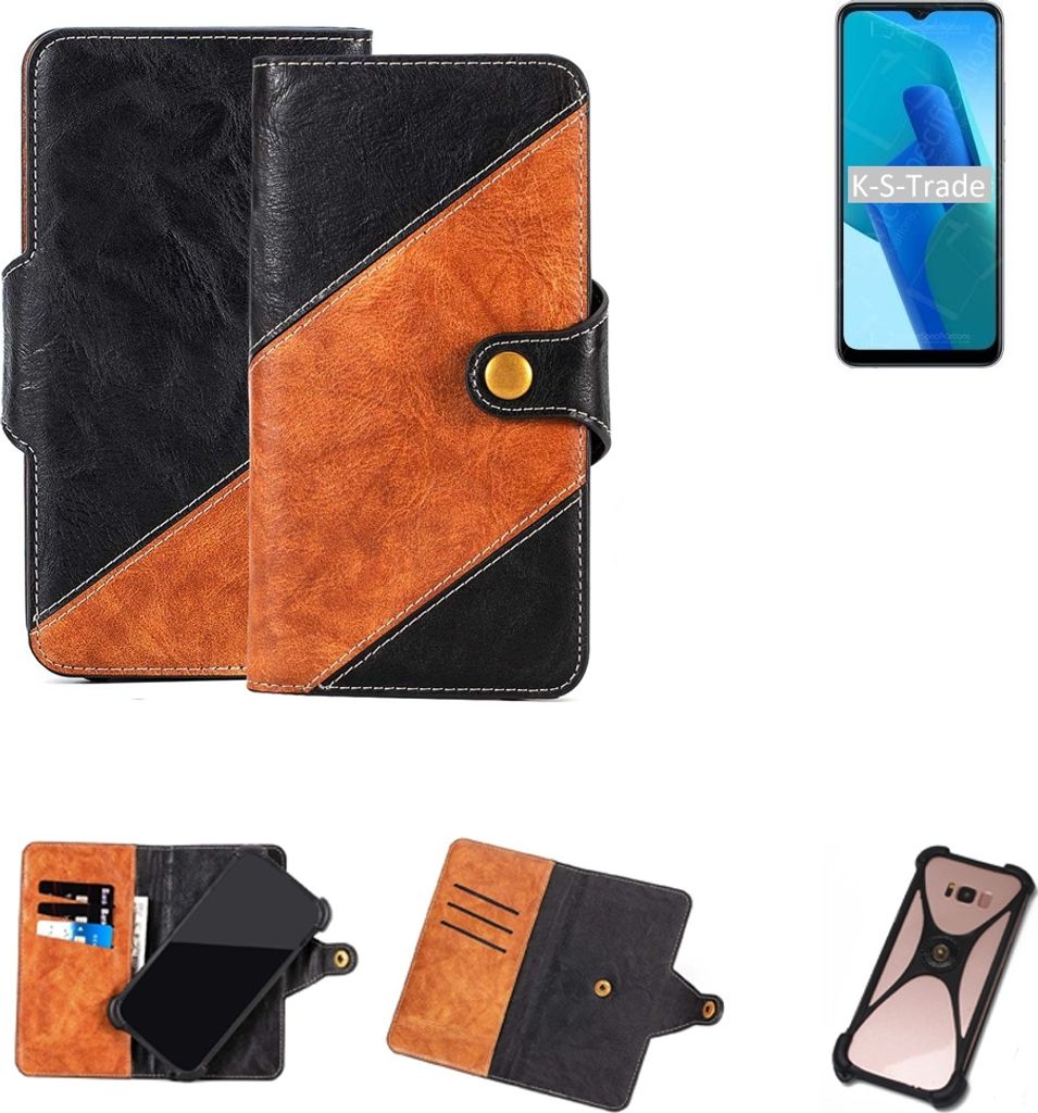 K-S-Trade Handyhülle Schutzhülle Bookstyle Case Wallet-Case kompatibel mit Oppo A16e Handy Cover Bumper Klapphülle schwarz hellbraun 1x