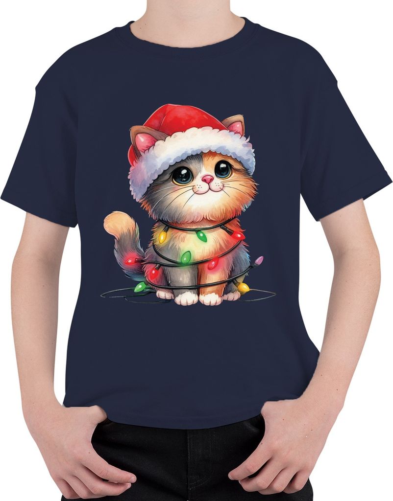 Katze Lichterkette Katzenliebhaber - Weihnachten Weihnachtsgeschenk Christmas Uni Kinder T-Shirt, Navy, 116