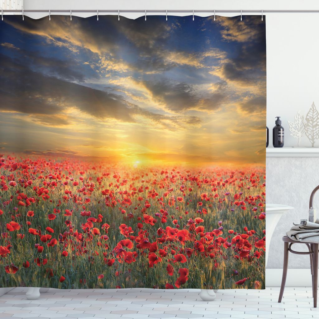 ABAKUHAUS Blume Duschvorhang, Szenischer Feld-Sonnenuntergang-Himmel, Klare Farben aus Stoff inkl.12 Haken Farbfest Schimmel und Wasser Resistent, ...