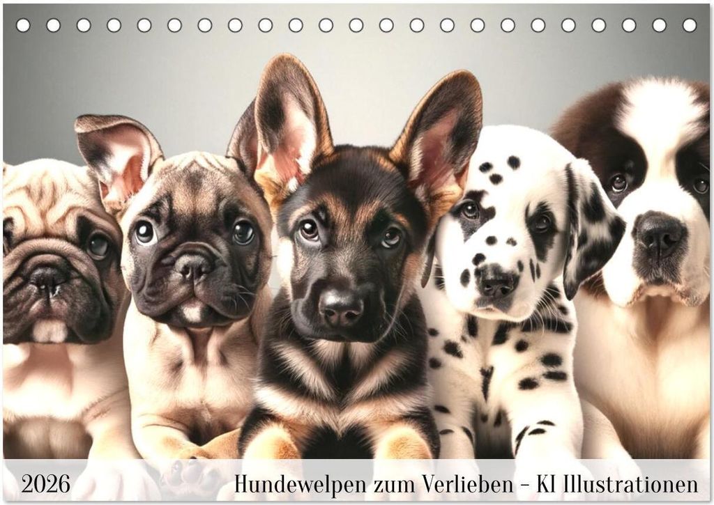 Hundewelpen zum Verlieben - KI Illustrationen (Tischkalender 2026 DIN A5 quer), CALVENDO Monatskalender
