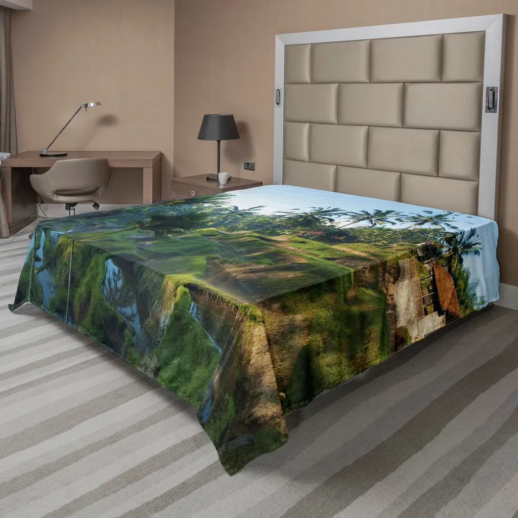 ABAKUHAUS Drap Plat Balinais Motif Rizière et Palmier Vert 266x260 cm