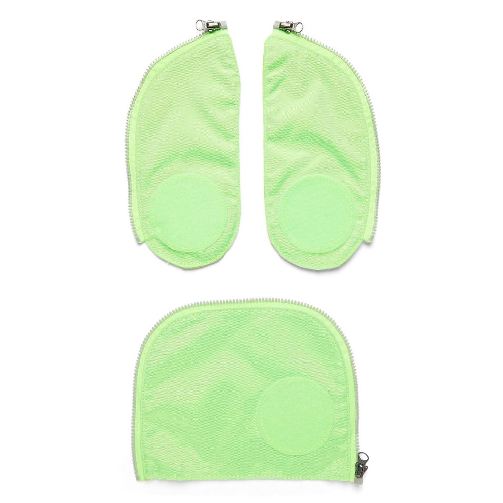 Three neon green zippered pouches are arranged on a white background. Two are positioned side-by-side at the top, and one is centered below them.