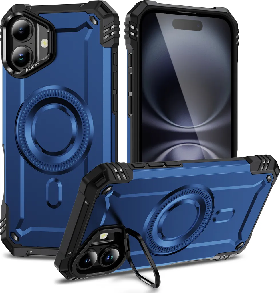 Custodia magnetica per iPhone 16, robusta custodia protettiva militare con supporto ad anello per fotocamera Blu