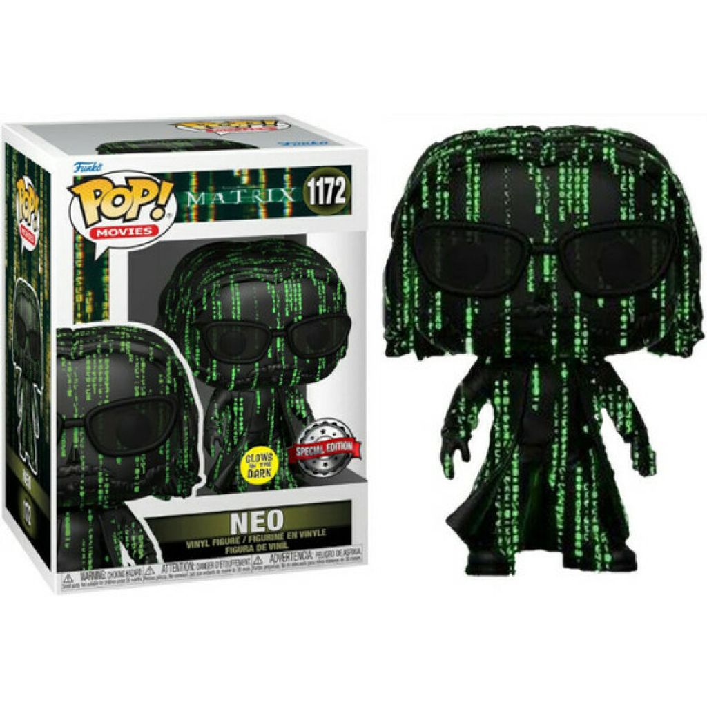 A Funko Pop! vinyl figure of Neo from The Matrix, displayed in its packaging alongside the figure itself.