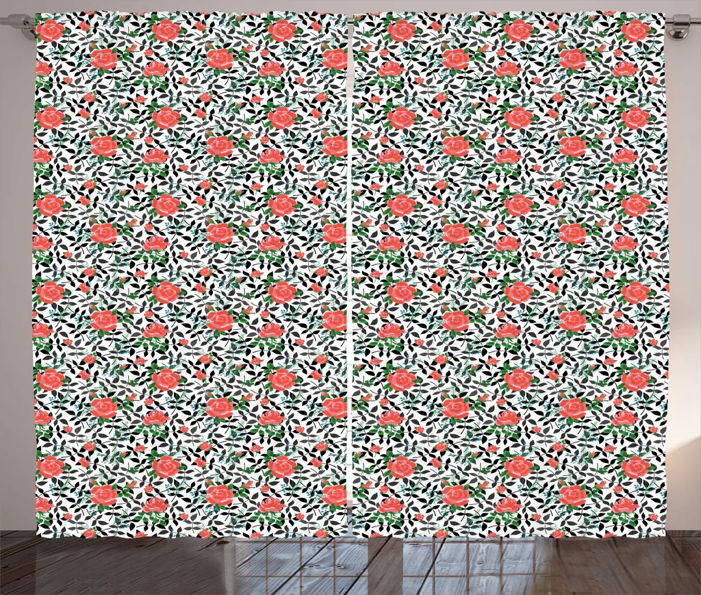 Rideau à Fronces Imprimé Rose avec Crochets Noir Vermillon 280 x 225 cm