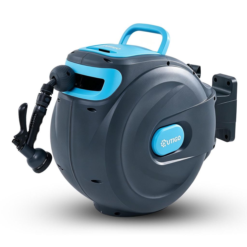 OUTIGO 35m Schlauchtrommel Gartenschlauch tragbare Wasser Schlauchaufroller Schlauchbox mit Multibrause automatisch einziehbar, Wandbefestigung