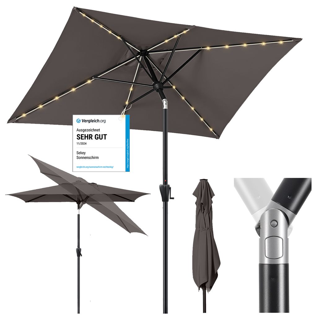 Sekey Sonnenschirm 210x140 cm mit LED-Solar-Beleuchtung, UV50+ Schutz, neigbar, Aluminium, mit Kurbel, Taupe