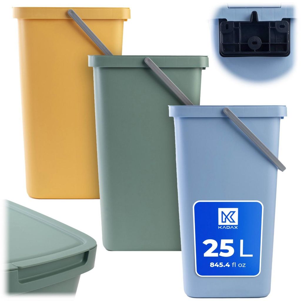 KADAX Abfallbehälter 25L, 3er Set, mit Deckel und Griff, Abfalleimer aus Plastik, Mülleimer, Abfallsammler (Grün, Gelb, Blau)
