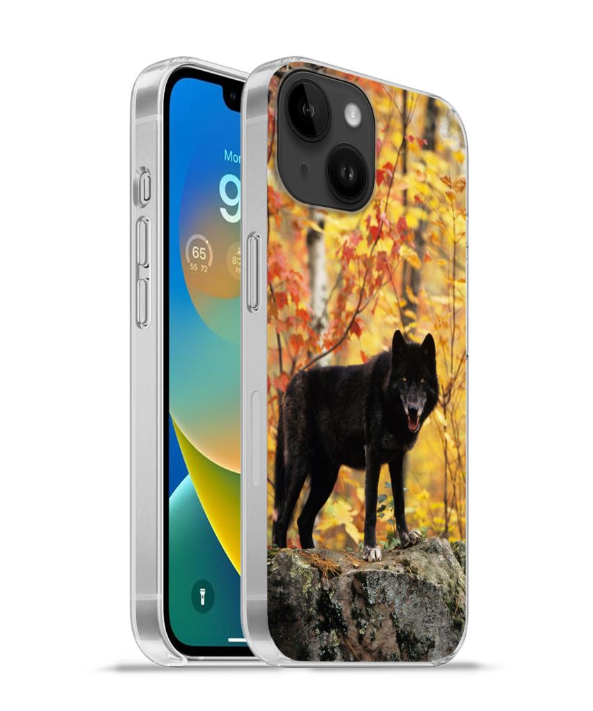 MuchoWow Handyhülle Schutzhülle Hülle für Apple iPhone 14 - Softcase Wolf - Fels - Baum Silikon Softcase Handy Hülle - Mobiltelefonhülle