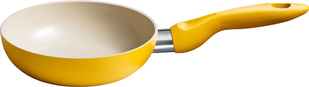 A yellow ceramic frying pan with a white interior and a silver handle attachment, isolated on a white background.