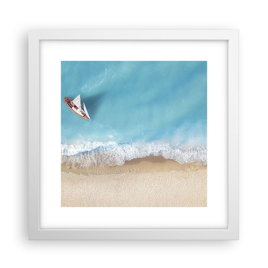 Gerahmtes Poster - Weißer Rahmen - Yacht Sommer Meer - 30x30 cm - Wand Bild - Wanddeko - Wandbilder - Kunstposter - Wandposter - Bilderrahmen - Bi...