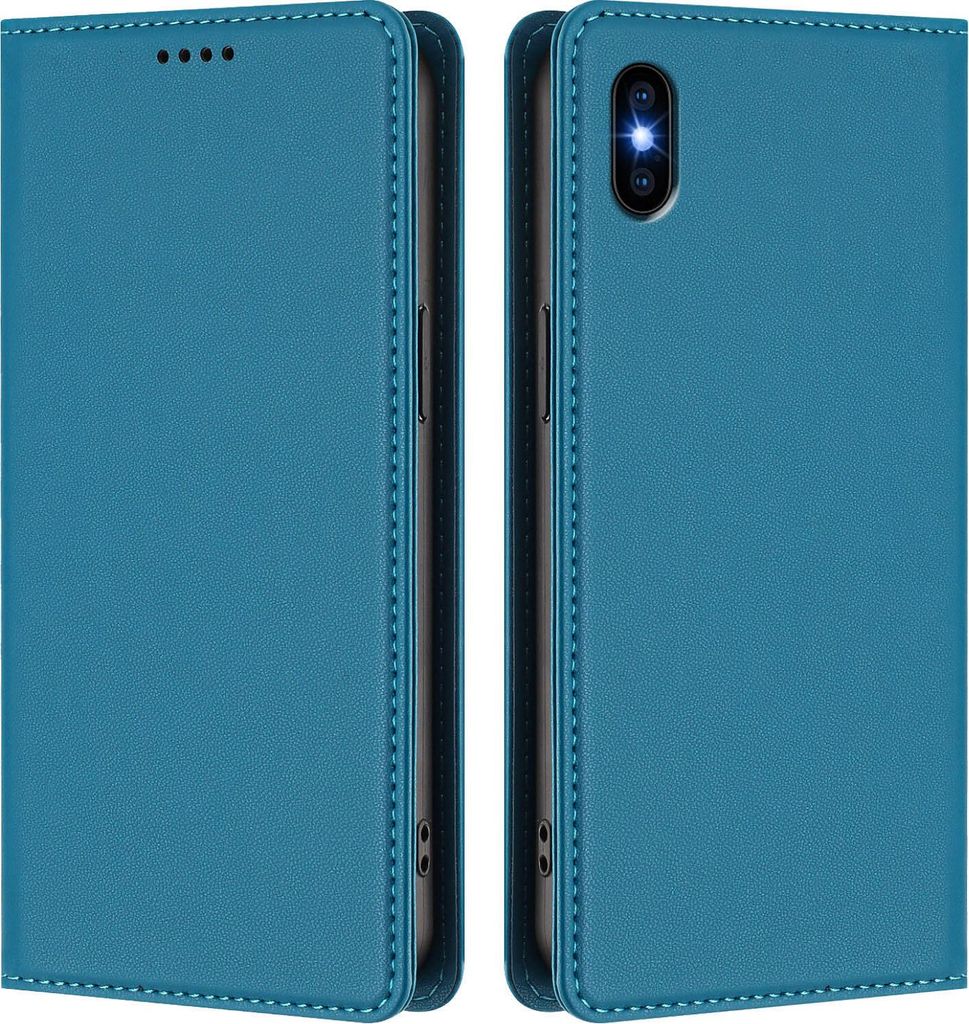 Handyhülle für iPhone Xs Max, Kunstleder Klapphülle Stoßfeste Magnetische Hülle mit Ständer Blau