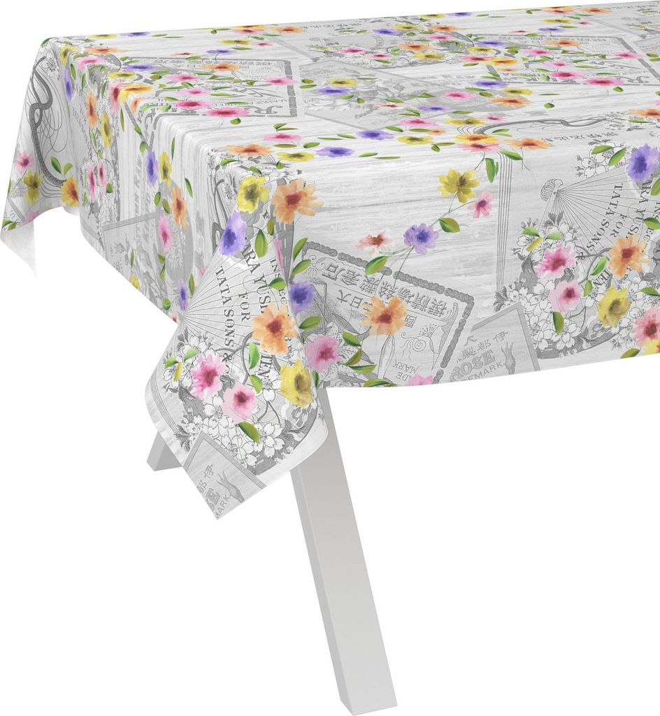 Tischdecke Vintage Postkarte Grau 100x140cm Schnittkante Wachstuch abwaschbar