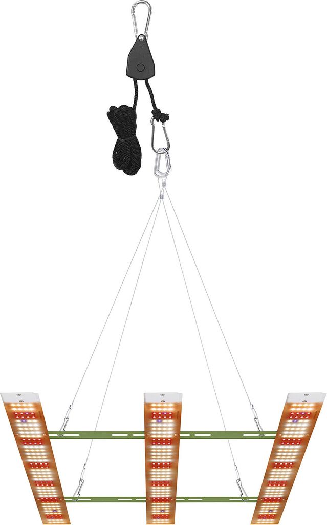 A grow light with three LED panels suspended by a pulley system.