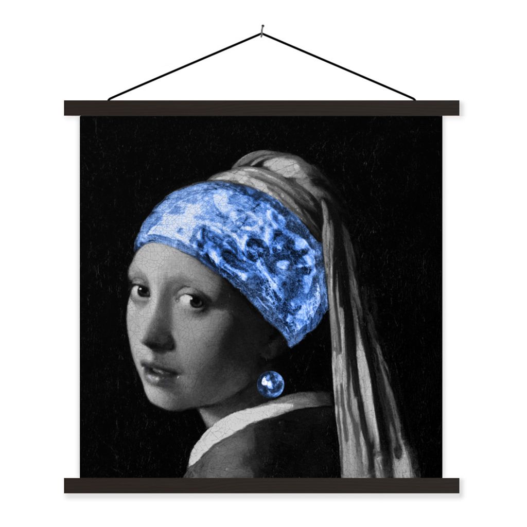 MuchoWow Textilposter Mädchen mit einem Perlenohrring - Vermeer - Blau 120x120 cm mit schwarzem Rahmen - Aufhängungsset