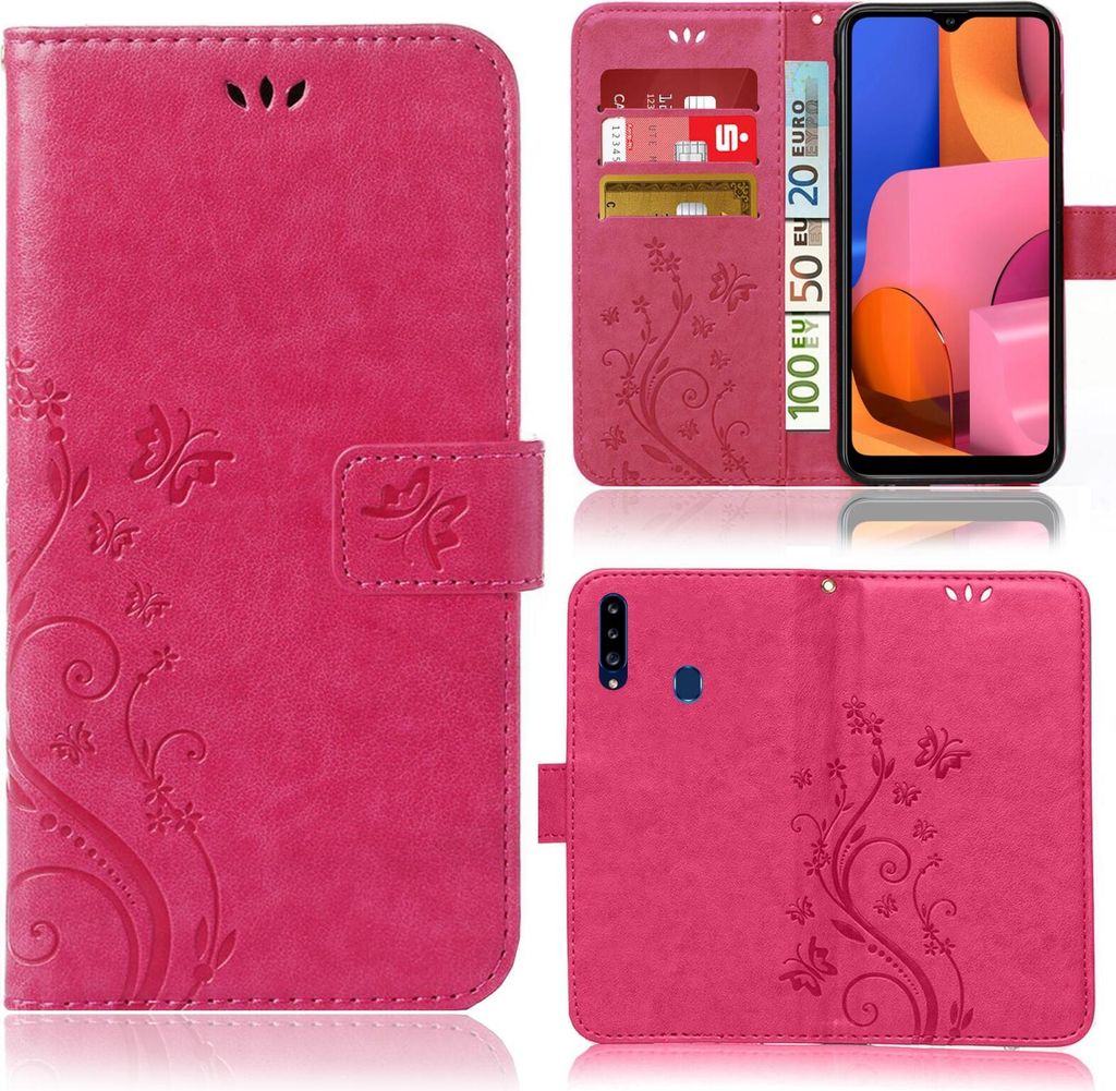 Handy Tasche für Samsung Galaxy A20s Schutz Hülle Handyhülle mit Blumenmuster Klapp Hülle mit Standfunktion und Kartenfächer Pink