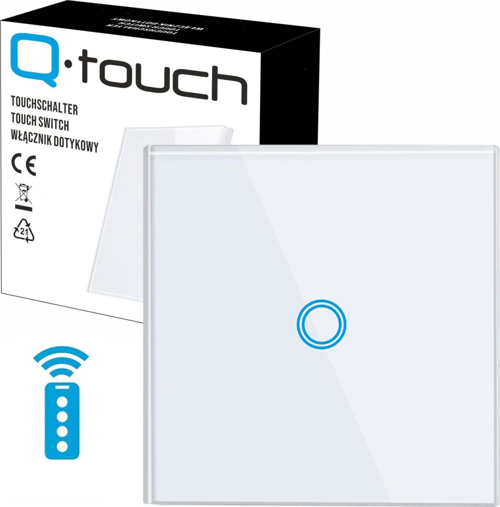Glas Touch Lichtschalter Wandschalter 1-Fach Schalter LED weiß mit Fernbedienungsfunktion