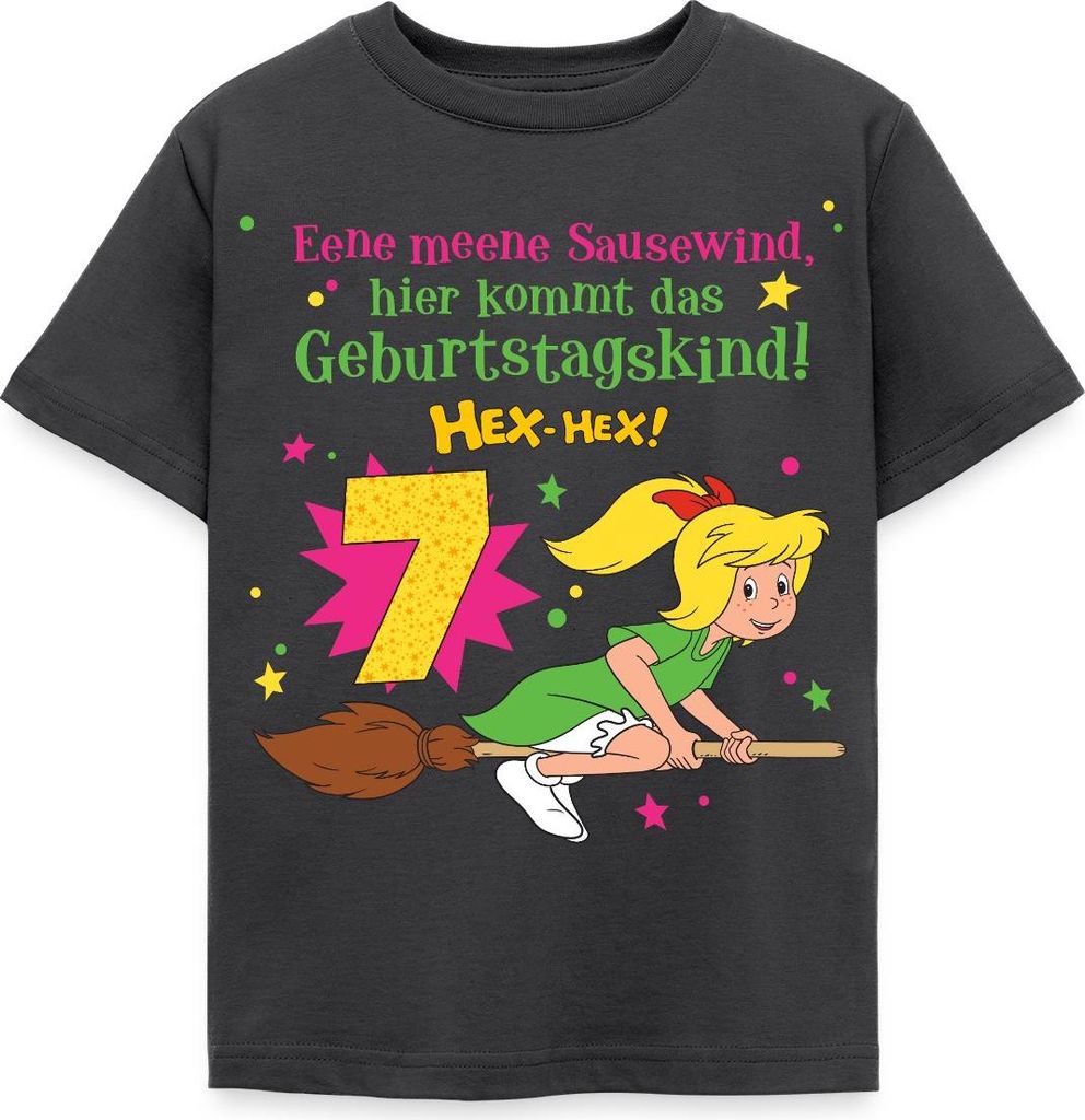 Spreadshirt Bibi Blocksberg Geburtstagsdesign 7 Jahre Kinder T-Shirt, 122/128 (7-8 Jahre), Dunkelgrau