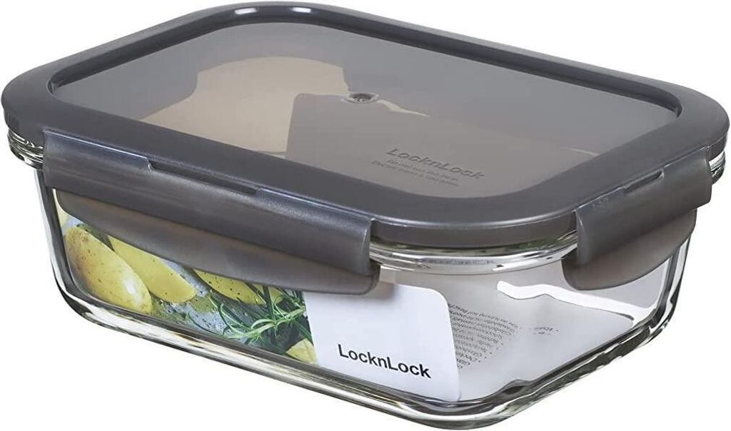 A glass food storage container with a gray lid.