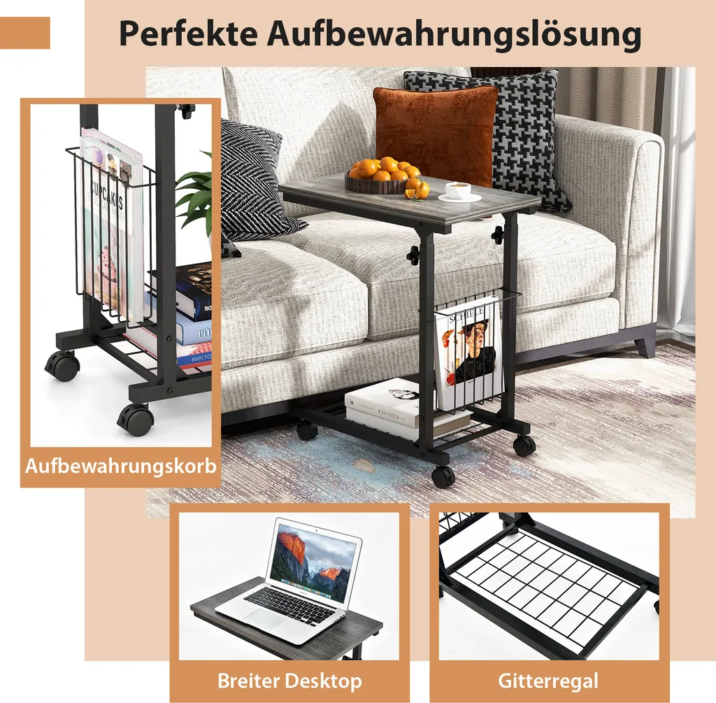 COSTWAY Table Basse en Forme de C Grise - Table d'Appoint avec Panier - 5