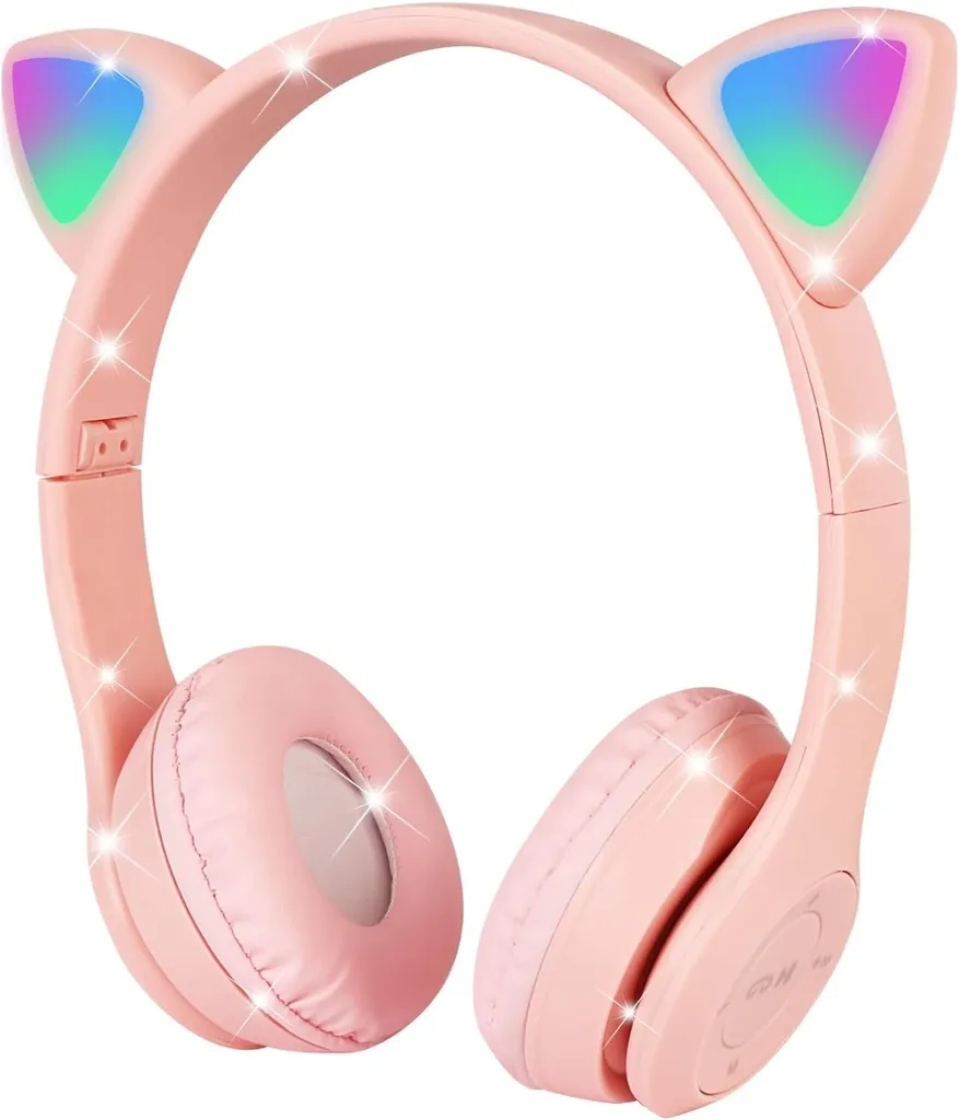 Cuffie per bambini, cuffie Bluetooth per bambini, cuffie over-ear per gatti, con luce LED, cuffie pieghevoli senza fili, cuffie per bambini con microfono