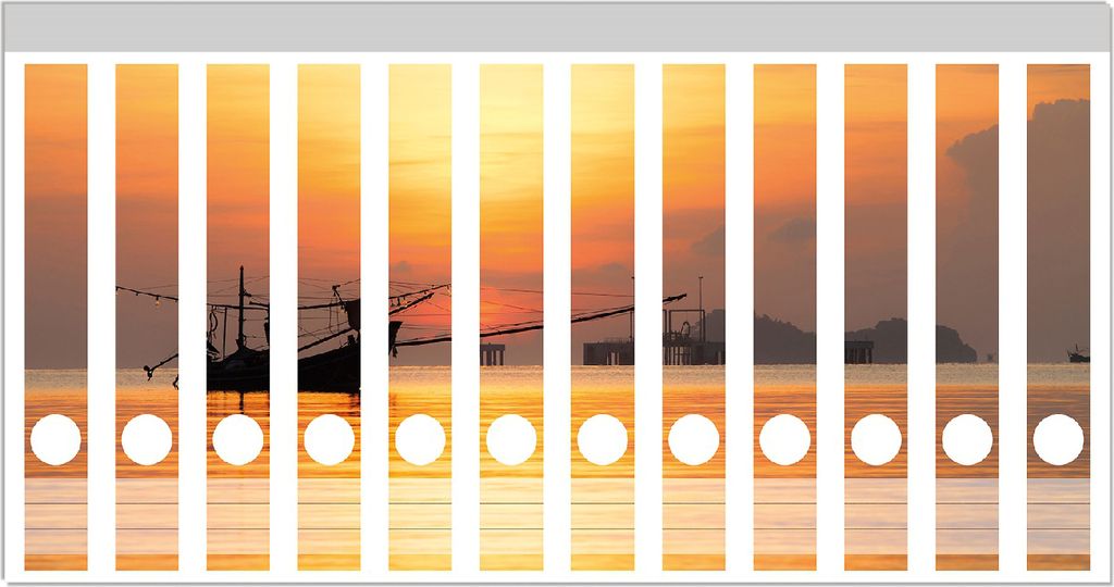 Wallario Ordnerrücken Sticker, selbstklebend für schmale Ordner, 12 Stück, Motiv Thailändisches Fischerboot vor Sonnenuntergang