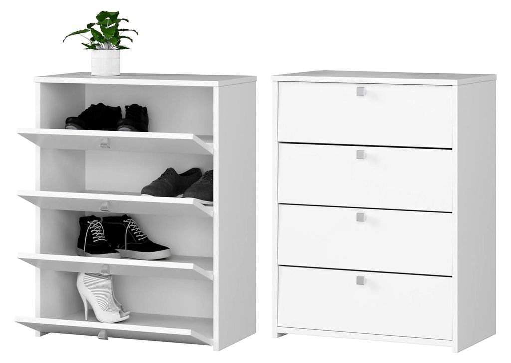 Schuhschrank in Weiß mit vier Fächern, Türgriffe in Satinfarbe, Flur, Schlafzimmer, Schuhregal, Schuhschrank 85x66x36cm (HxBxT)