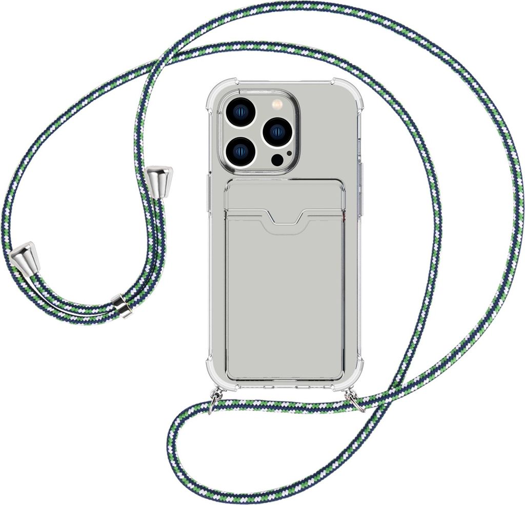 Handykette Backcover-Schutzhülle mit Band (Metall silberfarben) für Apple iPhone 15 Pro - grün/blau/weiß