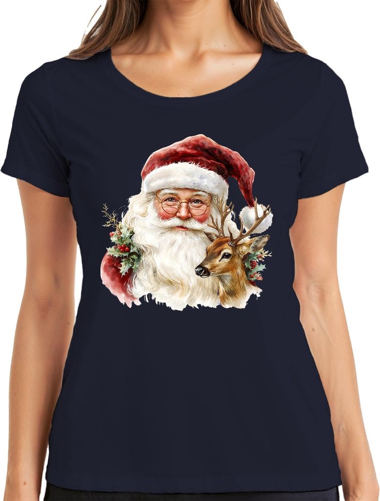 Weihnachtsmann Rentier Aquarell Vintage Geschenk Weihnachten Damen T-Shirt, Navy, M