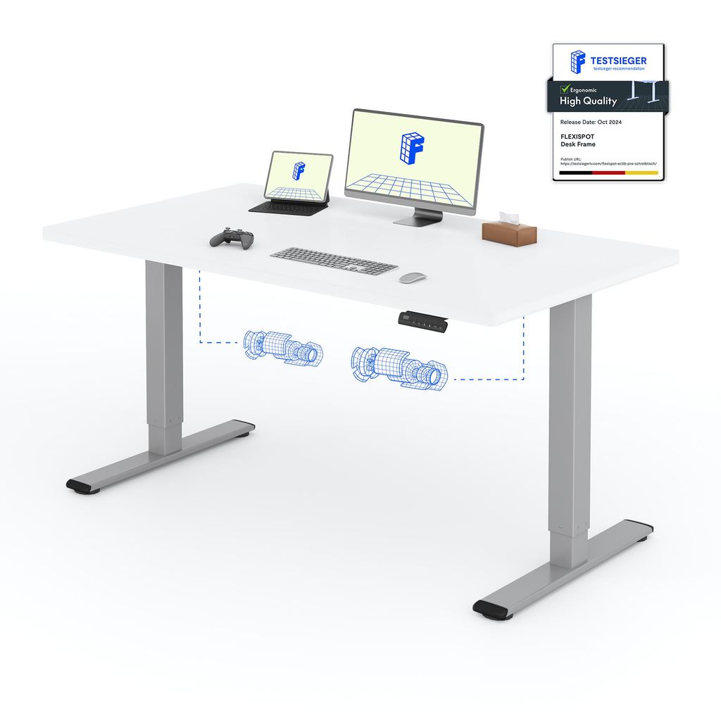 A white standing desk with a laptop, monitor, keyboard, mouse, and game controller on top. Diagrams show the desk's motor mechanism. A "Testsieger High Quality" badge is in the upper right corner.