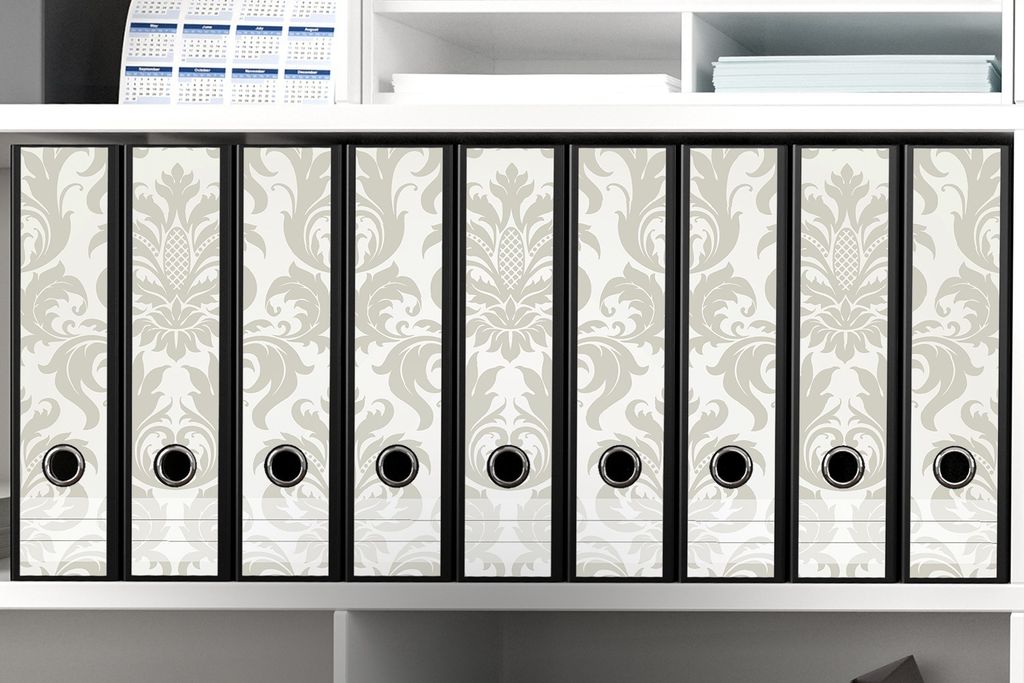 Wallario Ordnerrücken Sticker, selbstklebend für breite Ordner, 9 Stück, Motiv Königliche Schnörkelei in weiß und beige