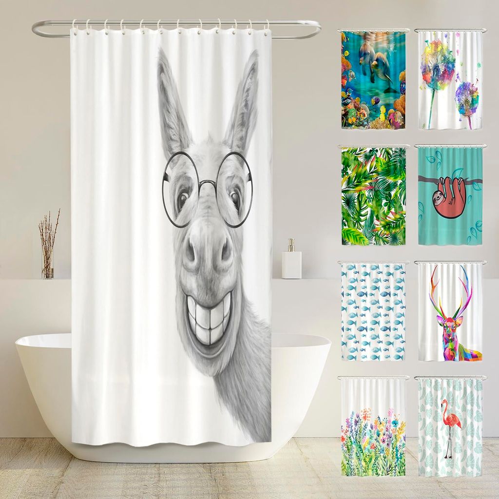 Duschvorhang „Esel“ – Schimmelresistent, 120 x 180 cm – Recycelt – Beschwerter Saum, blickdicht, wasserdicht, waschbar, 8 Ringe & E-Book