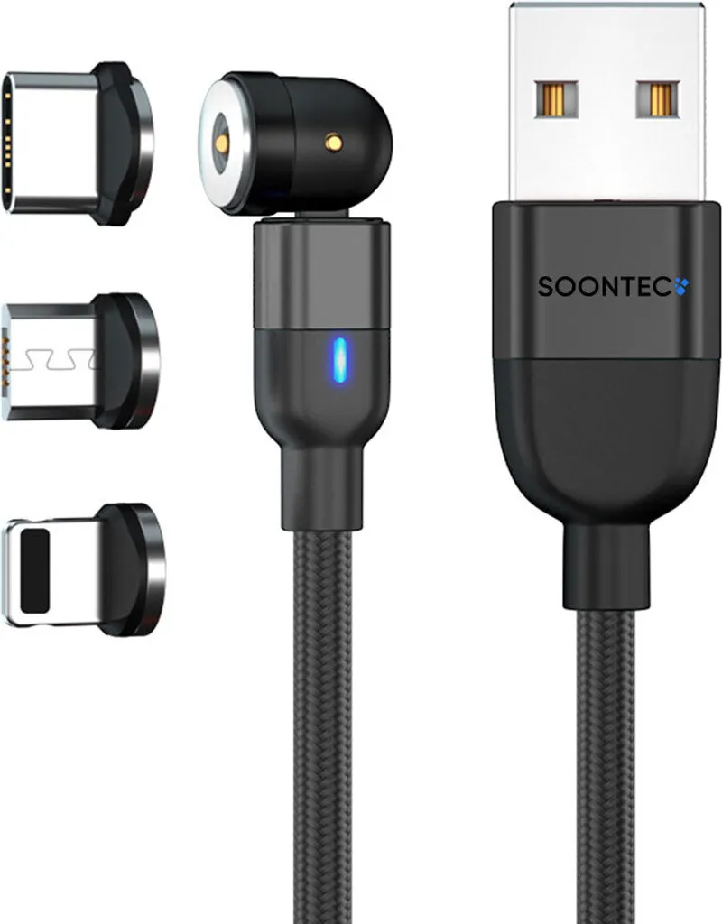 Cavo di ricarica magnetico 3 metri 2,4 A SOONTEC cavo di ricarica magnetico ruotabile 360°&180° lungo con 3 spine Micro USB+Tipo C+Lightning per iPhone, Samsung (nero)