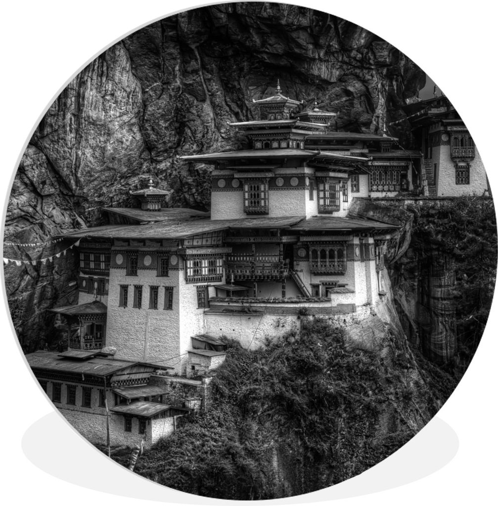 MuchoWow Rundes Wandbild - Runde Bilder Bhutan - Schwarz - Weiß - Tempel Ø 60 cm Kreis Wanddekoration Kunststoff - Wandkreis - Wandschmuck - Wa...